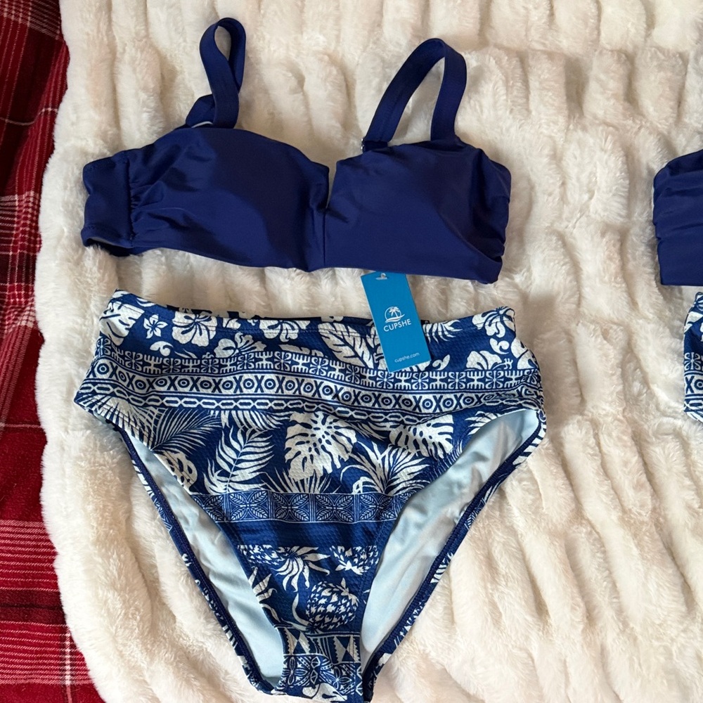 NWT Cupshe Blue Two-Piece Bikini Set - Tropical Print High Waist Bottoms